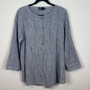 Fenini Womens Blue Grey Pleated Boho Cotton Linen 3/4‎ Sleeve Top MED Lagenlook